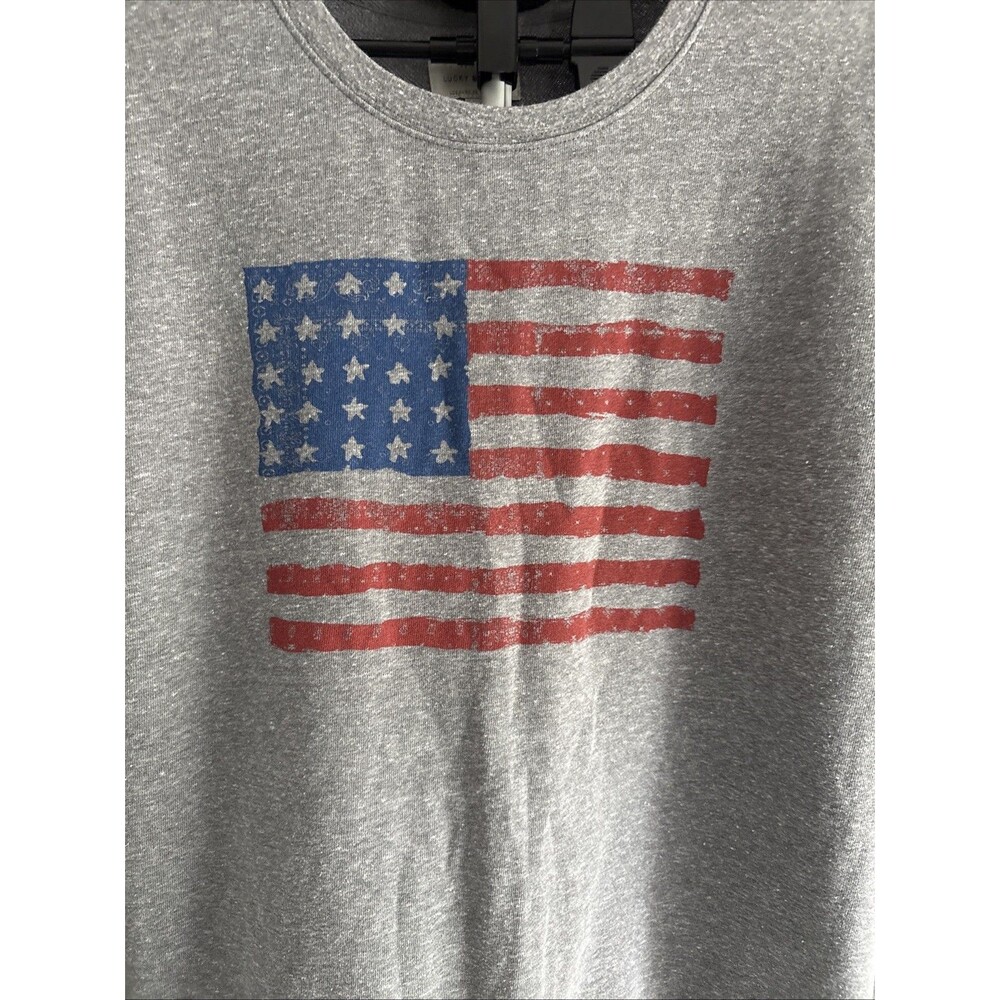 Lucky Brand Women Medium Gray Distressed American Flag USA Pullover Sweatshirt - Picture 2 of 10
